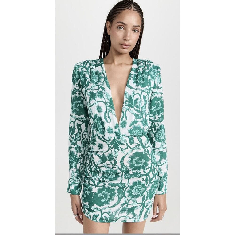 Rumer The Label Bodhi Long Sleeve Shirt Dress Plunging Neck Size X-Small Green